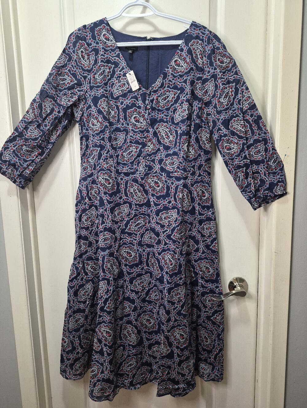 Talbots Paisley V-Neck Midi Dress Navy Blue Red White 3/4 Sleeve Size 12 NWT